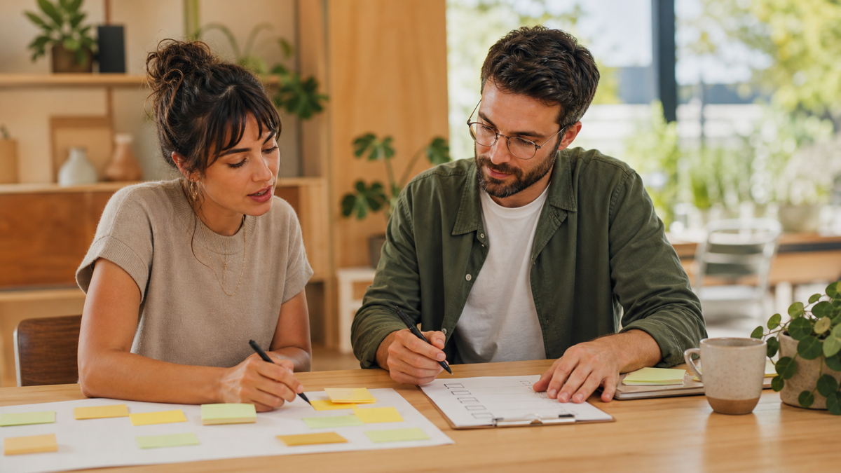 Two people compare future-focused ideas and practical support notes to represent ENFJ and ESFJ differences.