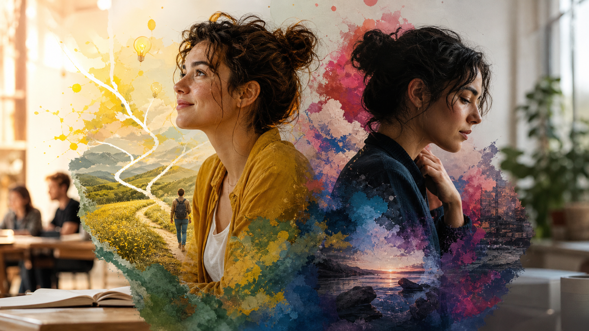 Abstract illustration comparing ENFP possibility patterns with Enneagram Type 4 identity and motivation patterns.