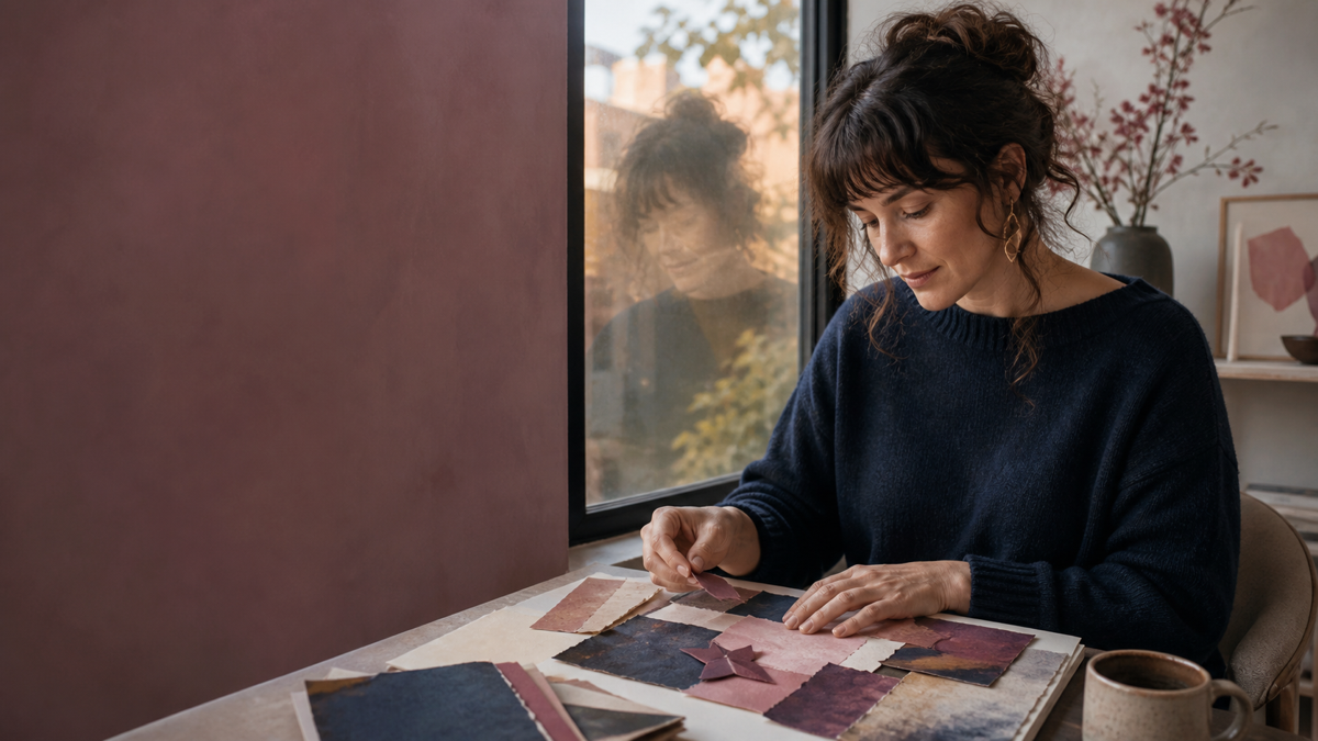 Editorial illustration of a reflective person making a collage beside a window, representing Enneagram Type 4 and the search for authentic self-expression.
