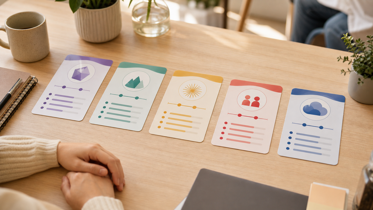 Five OCEAN trait score cards arranged as a Big Five personality assessment overview.