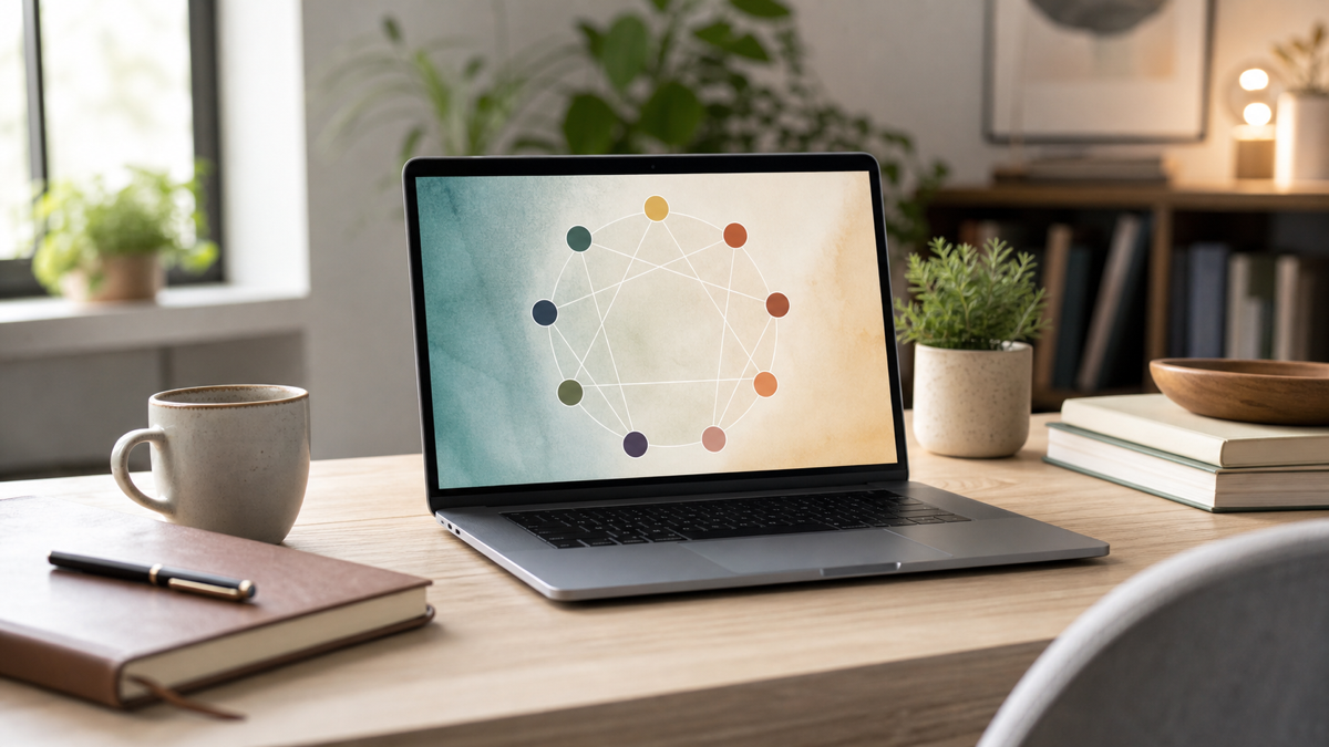 Laptop showing an abstract nine-point personality diagram for an online Enneagram test.