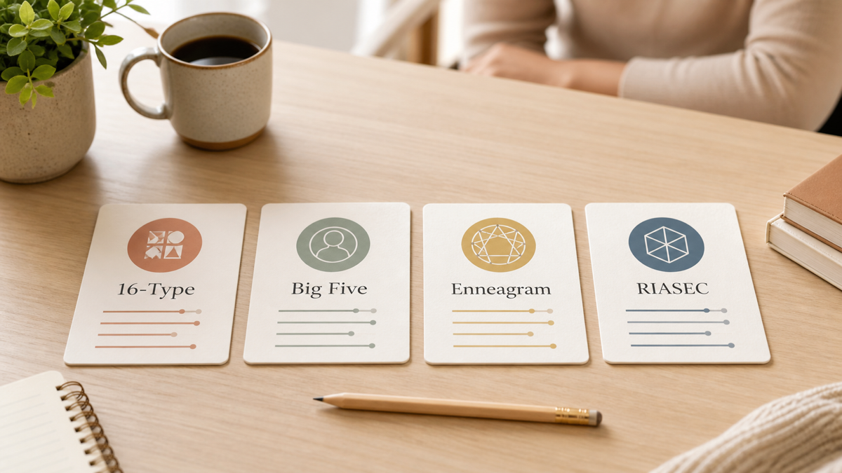 Assessment cards for 16-Type, Big Five, Enneagram, and RIASEC arranged on a desk.