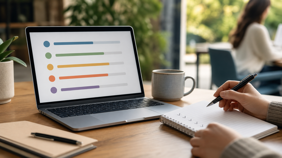 Laptop showing OCEAN trait bars beside a notebook checklist for choosing a personality test.