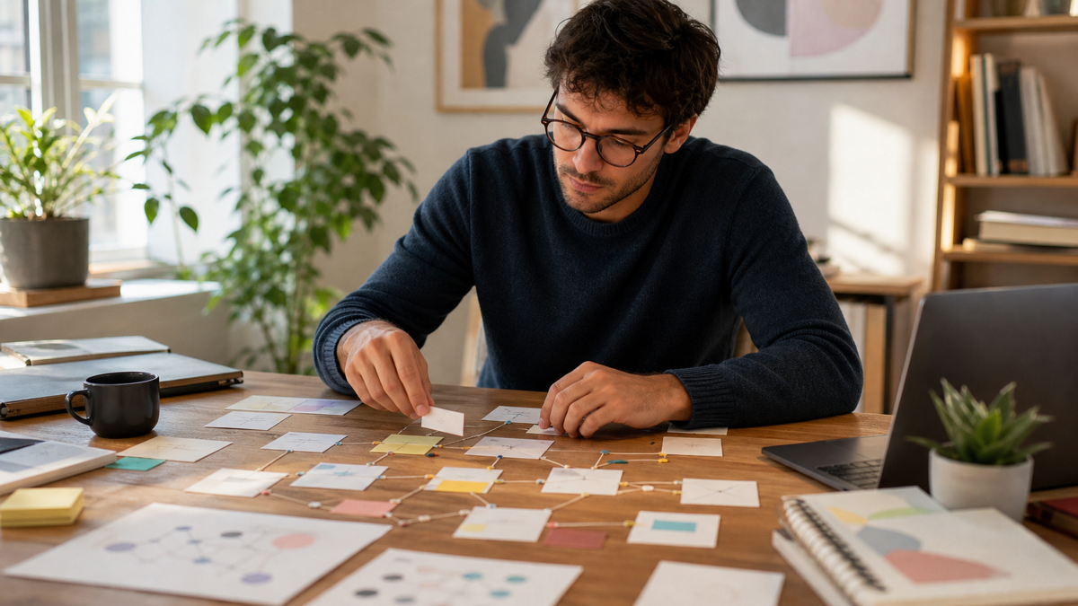 A thoughtful person arranging diagrams and notes into a conceptual model, representing the INTP personality type.
