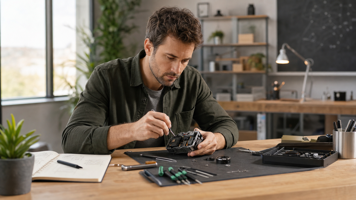 A focused person examining a mechanical device at a workbench, representing the practical ISTP personality type.