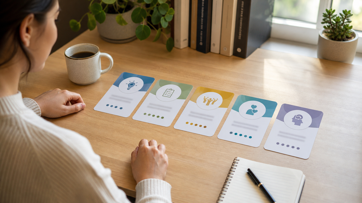 Five Big Five trait cards arranged on a desk beside a notebook for interpreting a personality traits test.
