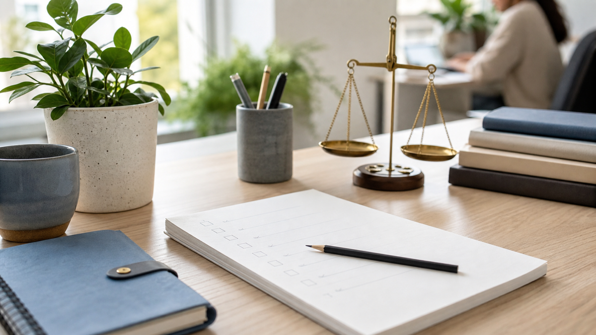 A calm desk scene with a checklist, pencil, scales, and plant representing Enneagram Type 1 principled improvement.