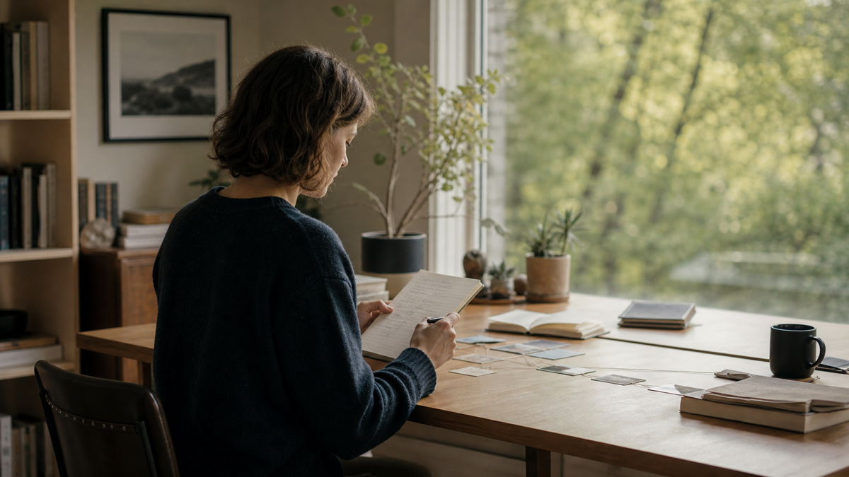 A quiet study scene representing Enneagram Type 5, The Reserved Observer.