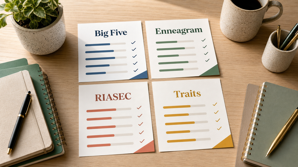 Personality assessment score cards for Big Five, Enneagram, RIASEC, and traits arranged on a desk.