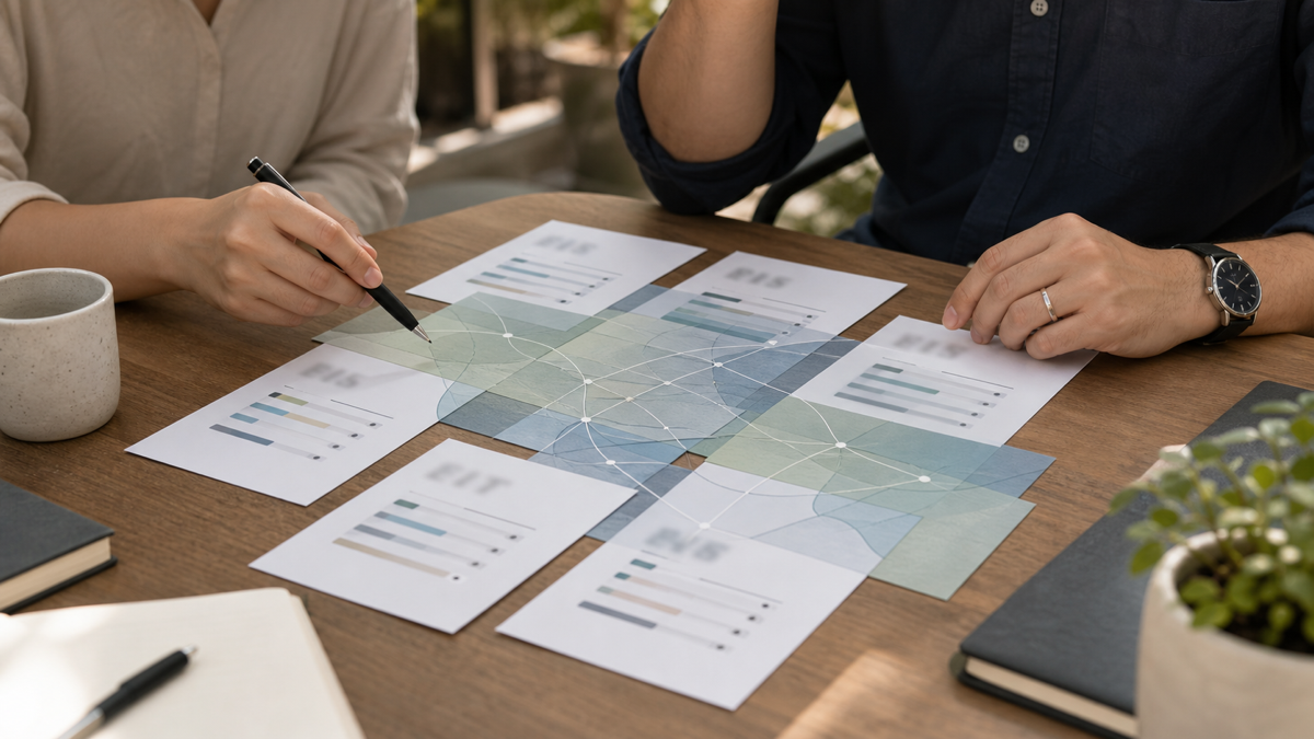 Personality type profile cards and trait sliders arranged like a map of behaviour patterns.