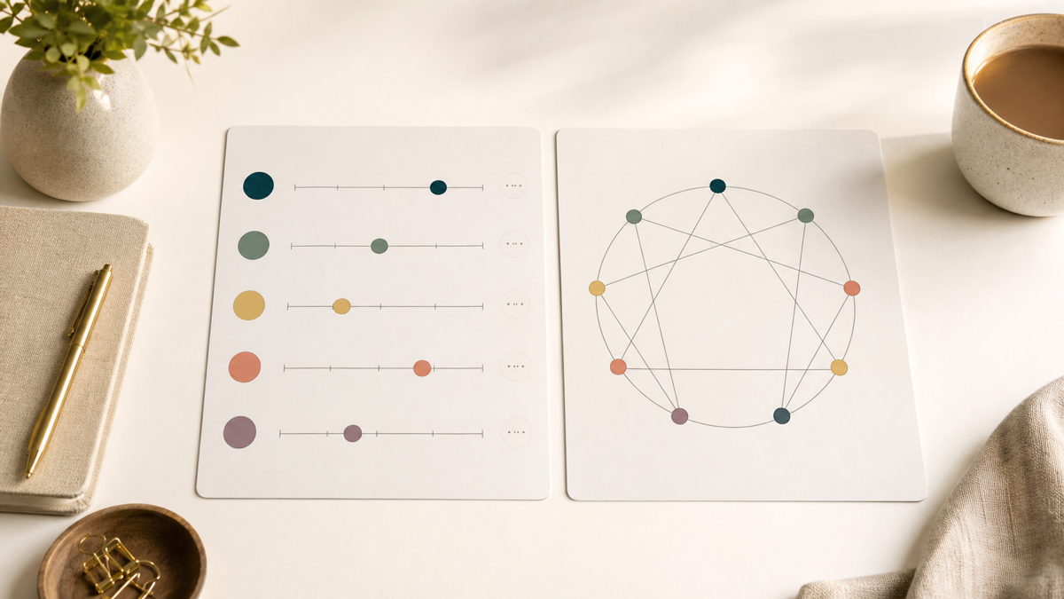Two visual panels comparing Big Five trait sliders with an Enneagram motivation diagram.