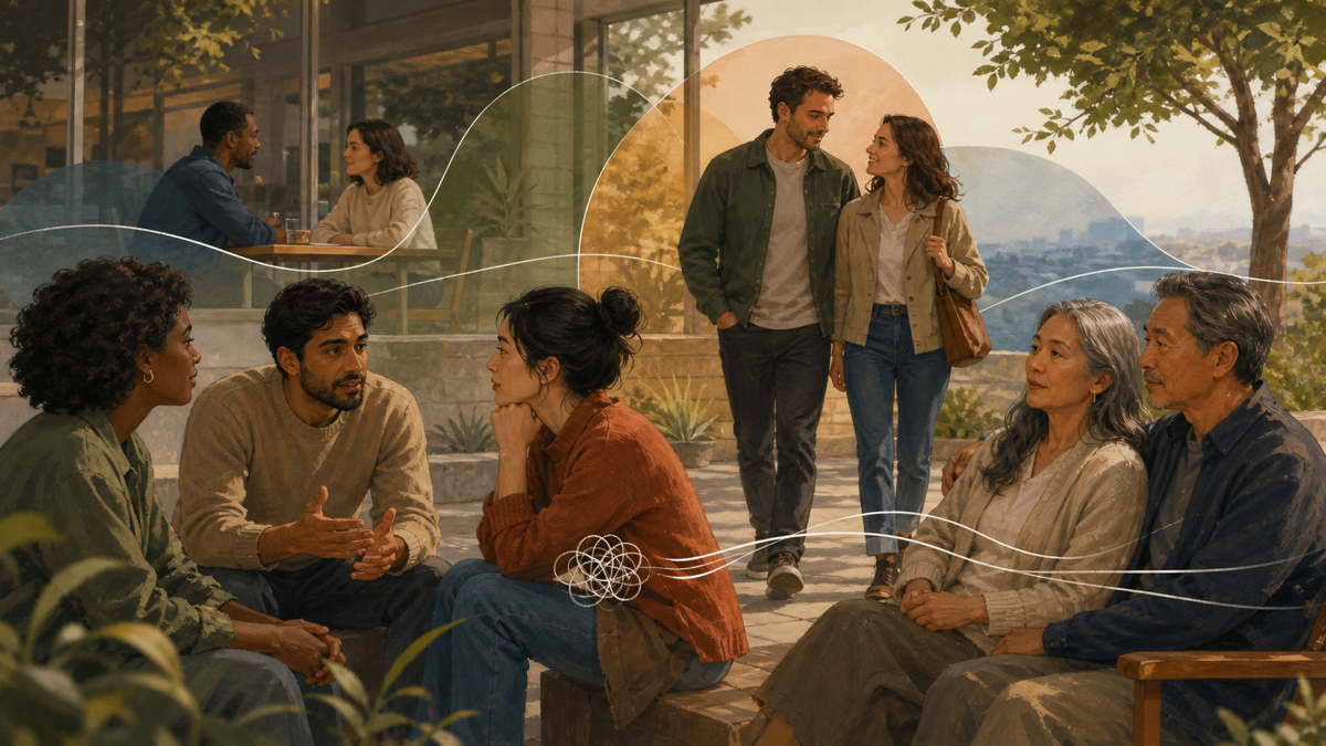 Editorial illustration of friends, relatives and partners connected by lines representing communication, shared history and personal boundaries.